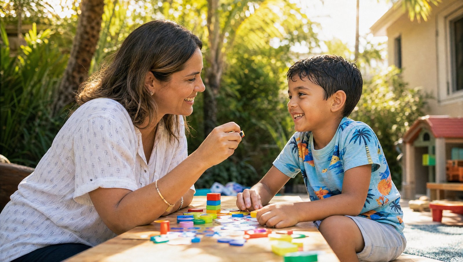 Summer ABA therapy in Miami with a behavior therapist and smiling child playing outdoors