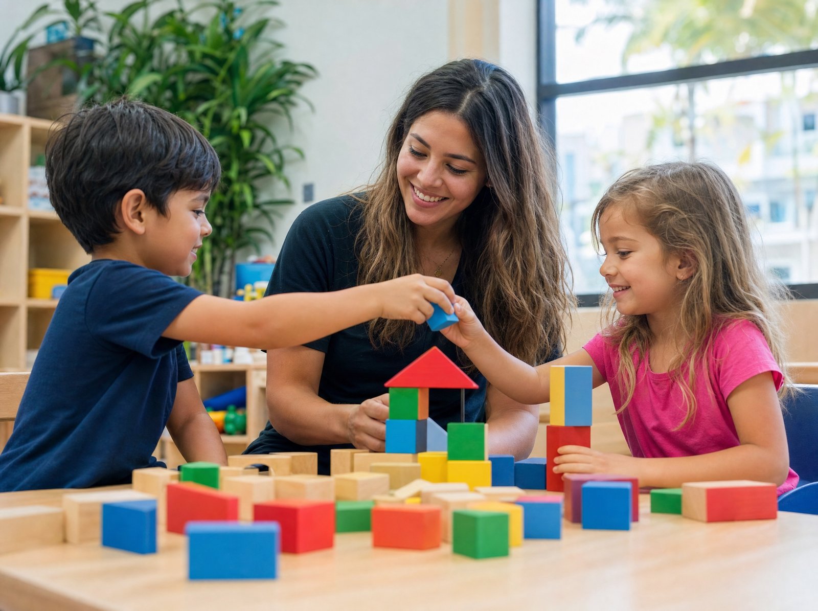 Two children sharing blocks during social skills training in a Miami classroom