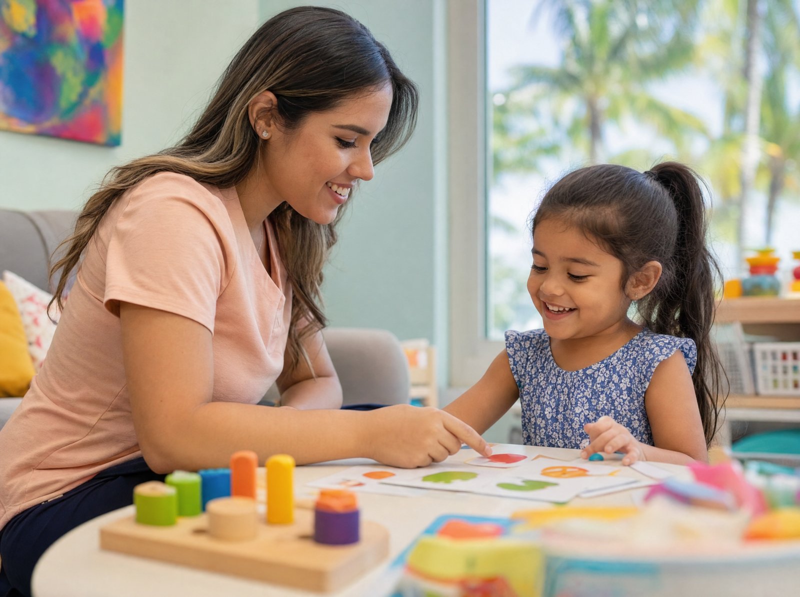 A behavior analyst providing summer ABA therapy to a young child in a bright Miami clinic