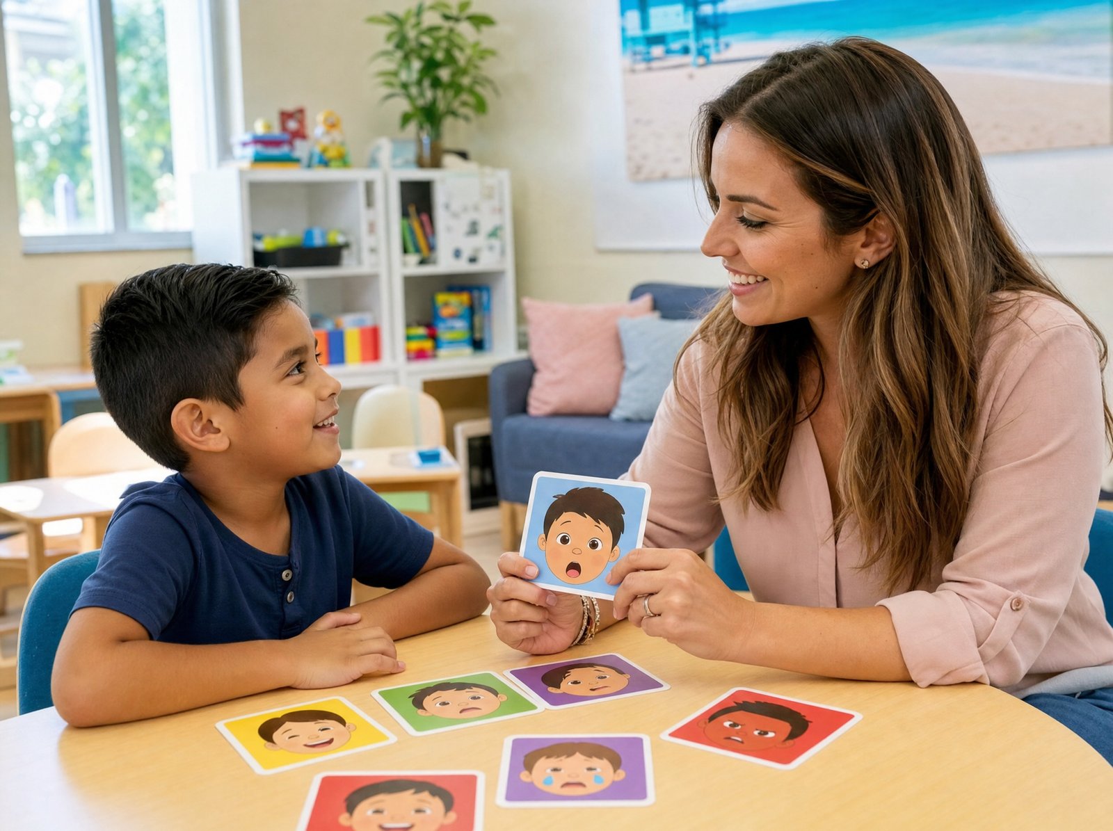 A therapist using emotion cards with a child during social skills training in Miami