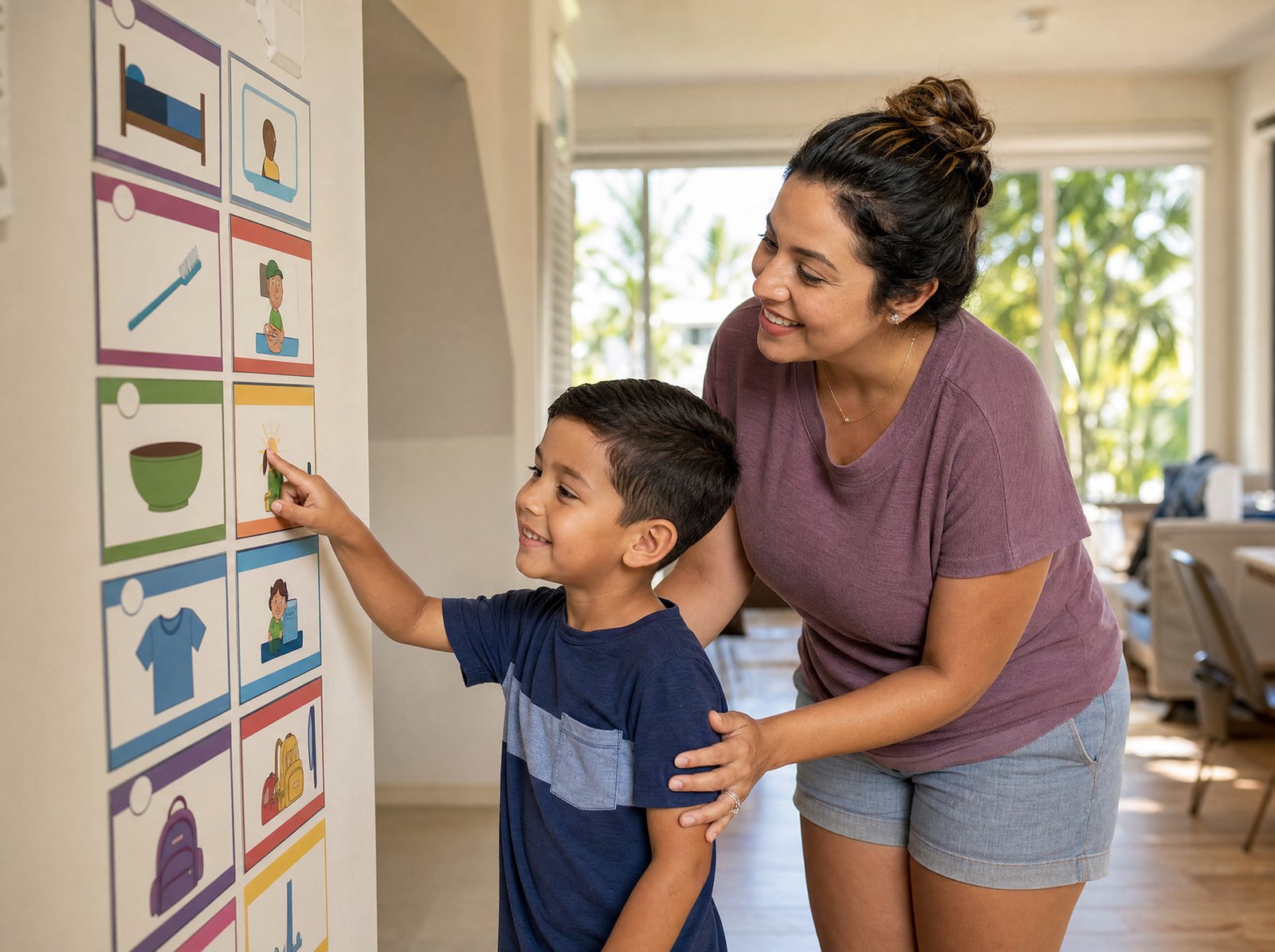 A Miami parent and child following a summer visual schedule at home to reinforce ABA skills