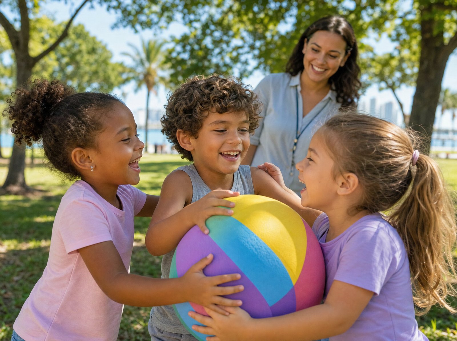Young children practicing social skills together outdoors during a Miami summer ABA program