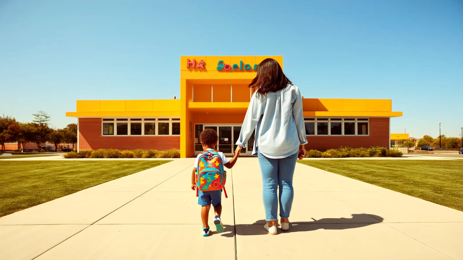 A parent walking a young child with a backpack to school on a sunny Miami morning at the start of the school year